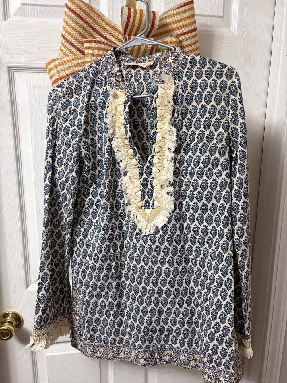 Tory Burch Cream Tunic with Navy Botanical Print and Fringe